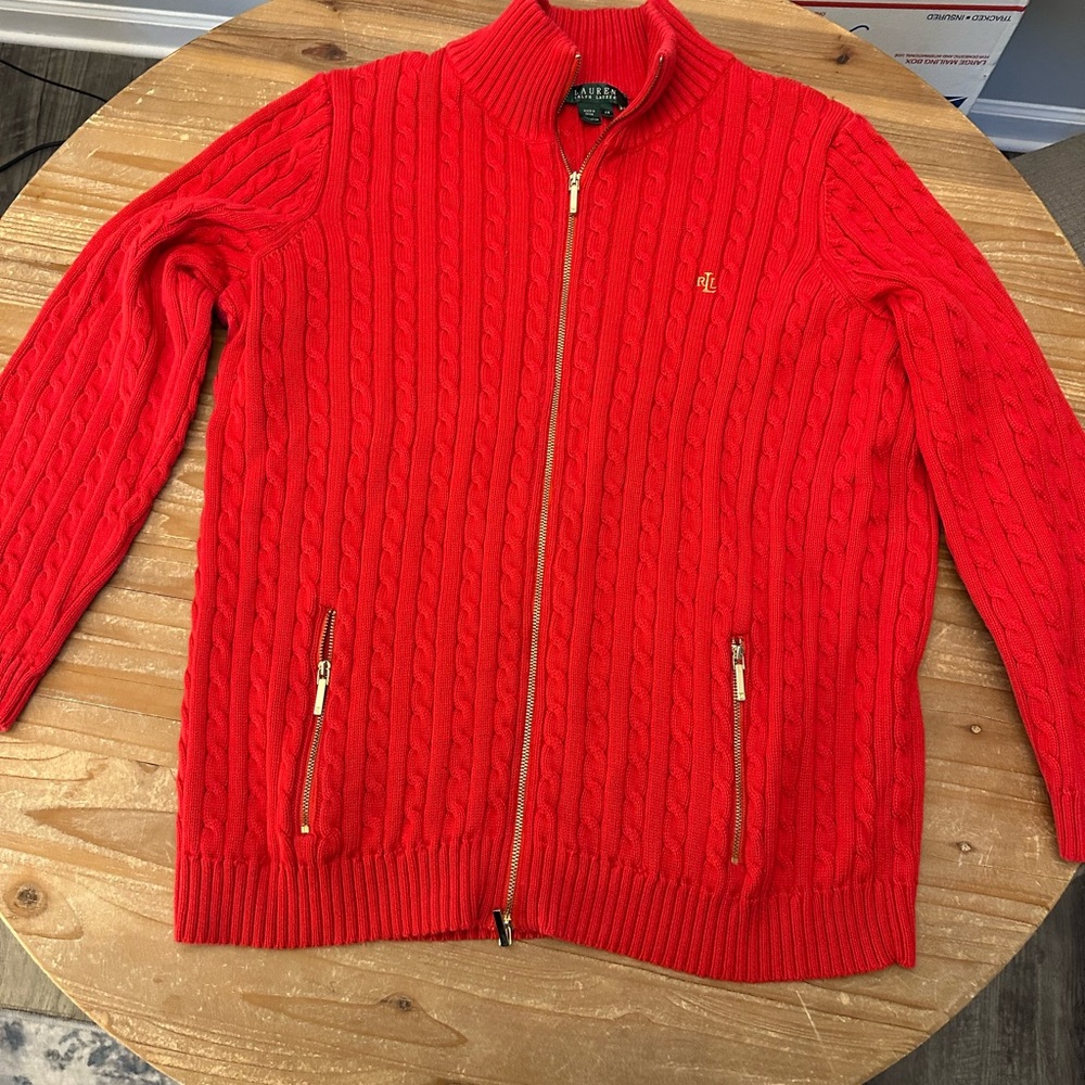 Ralph Lauren Red Zip-Up Cable Knit Sweater